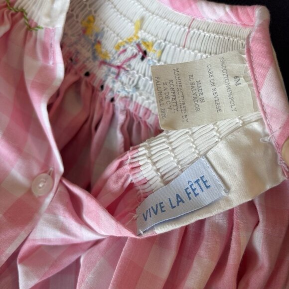 Vive La Fete Smocked Princess Dress Carriage Pink Gingham Baby Size 6 Months NWT - Picture 8 of 14